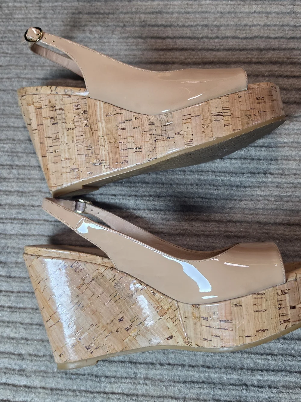Stuart Weitzman peep toe wedge heels nude shiny cork, size 8.5, 3.5